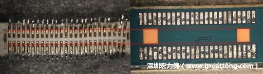 把板對板連接器與其電路板的佈線焊墊作一個比較，端子的切斷面有毛邊的地方剛好對到了裸銅區。